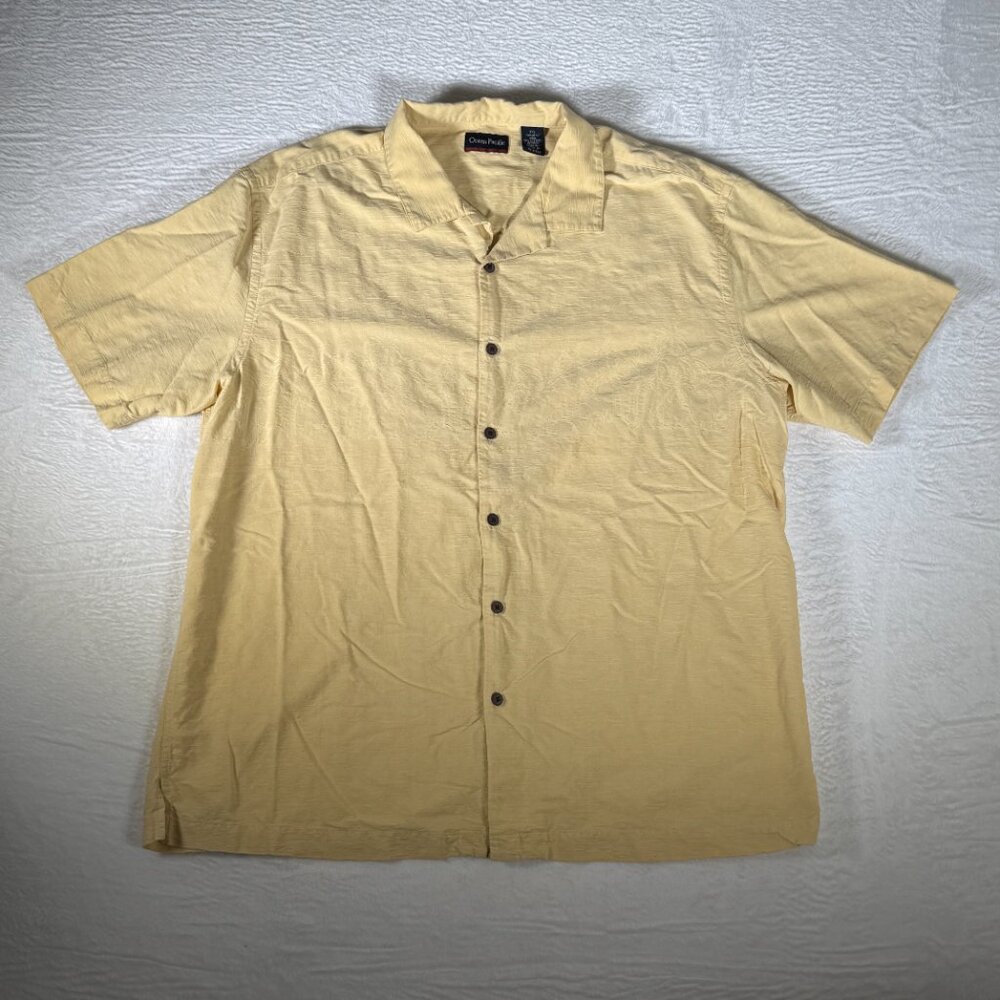 Ocean Pacific Men XXL Silk Cotton Shirt Yellow Hawaiian Palm Tree Camp Beach SS